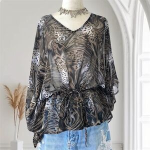 Early 2000's Euro Bat Sleeve Animal Print Asymmetric Shawl Flowy Tunic Top S